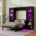 MERITLINE Queen Murphy Bed with Desk and Storage & LED Light, Solid Wood Hideaway Murphy Wall Bed with Storage Bookcase Shelves and Drawers for Adults (Black,Queen)
