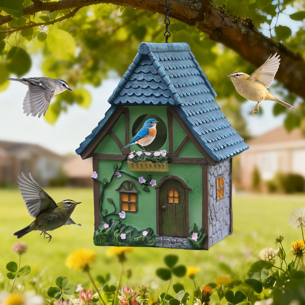 Bird Houses for Outside Cottage Garden Birdhouse –Green Resin Bird Houses with Flower and Stone Details for Hummingbird Finches Cardinals Bird Nesting Garden, Patio, Yard
