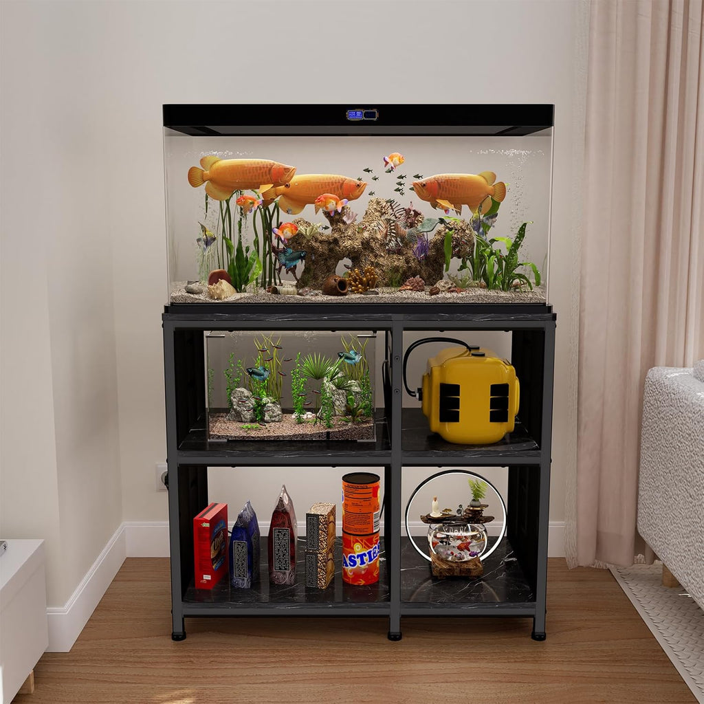 Reinforced 40-50 Gallon Aquarium Stand with Power Outlet | Ultra-Stable 750LBS Capacity Metal Fish Tank Stand for Reptile/Aquatic Setups, 5-Tier Adjustable 37"x19" Steel Shelving System