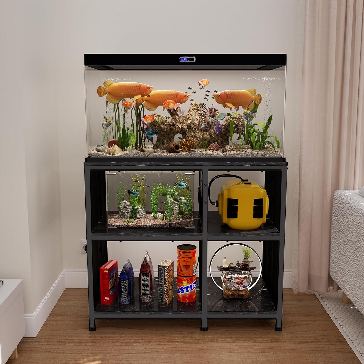 Reinforced 40-50 Gallon Aquarium Stand with Power Outlet | Ultra-Stable 750LBS Capacity Metal Fish Tank Stand for Reptile/Aquatic Setups, 5-Tier Adjustable 37"x19" Steel Shelving System