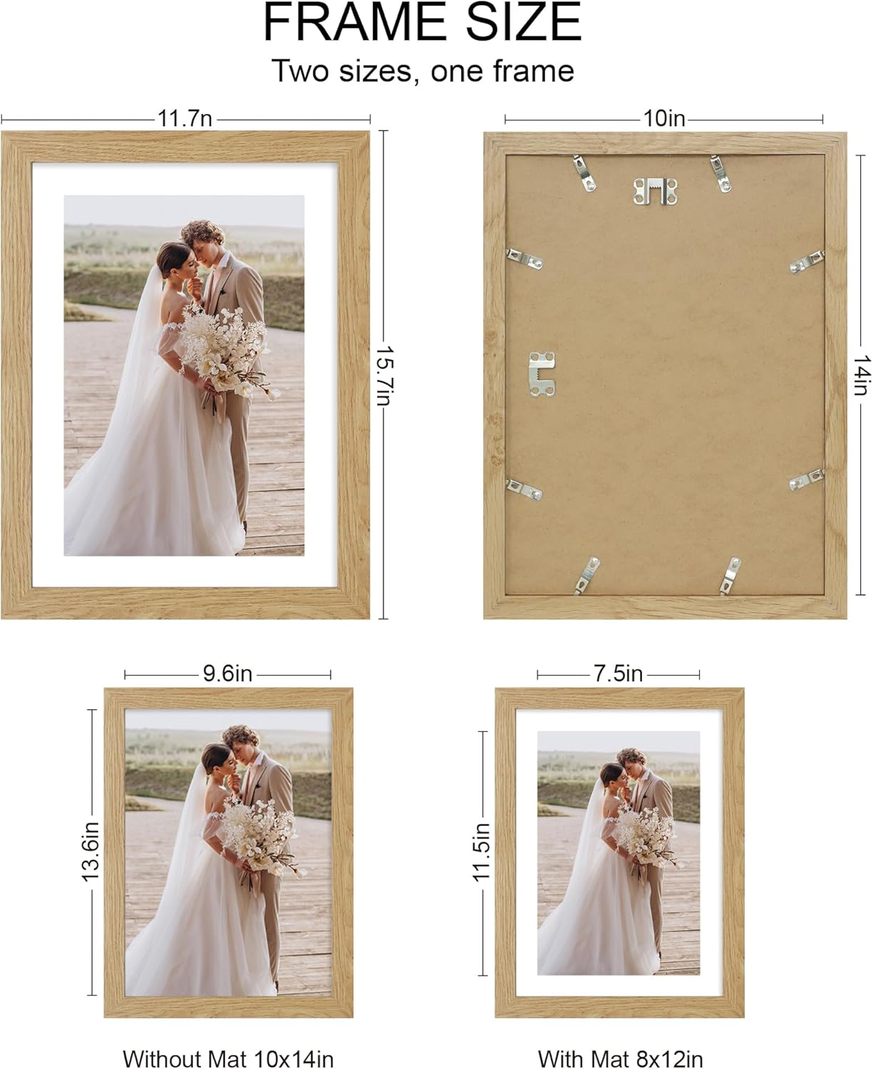 10x14 Picture Frame Set of 4, Made of Glass and Natural Oak Wooden Frame, Display 8x12 Pictures with Mat or 30 x 40cm Diamond Painting Art without Mat for Wall Mounting, Gallery Photo Frames