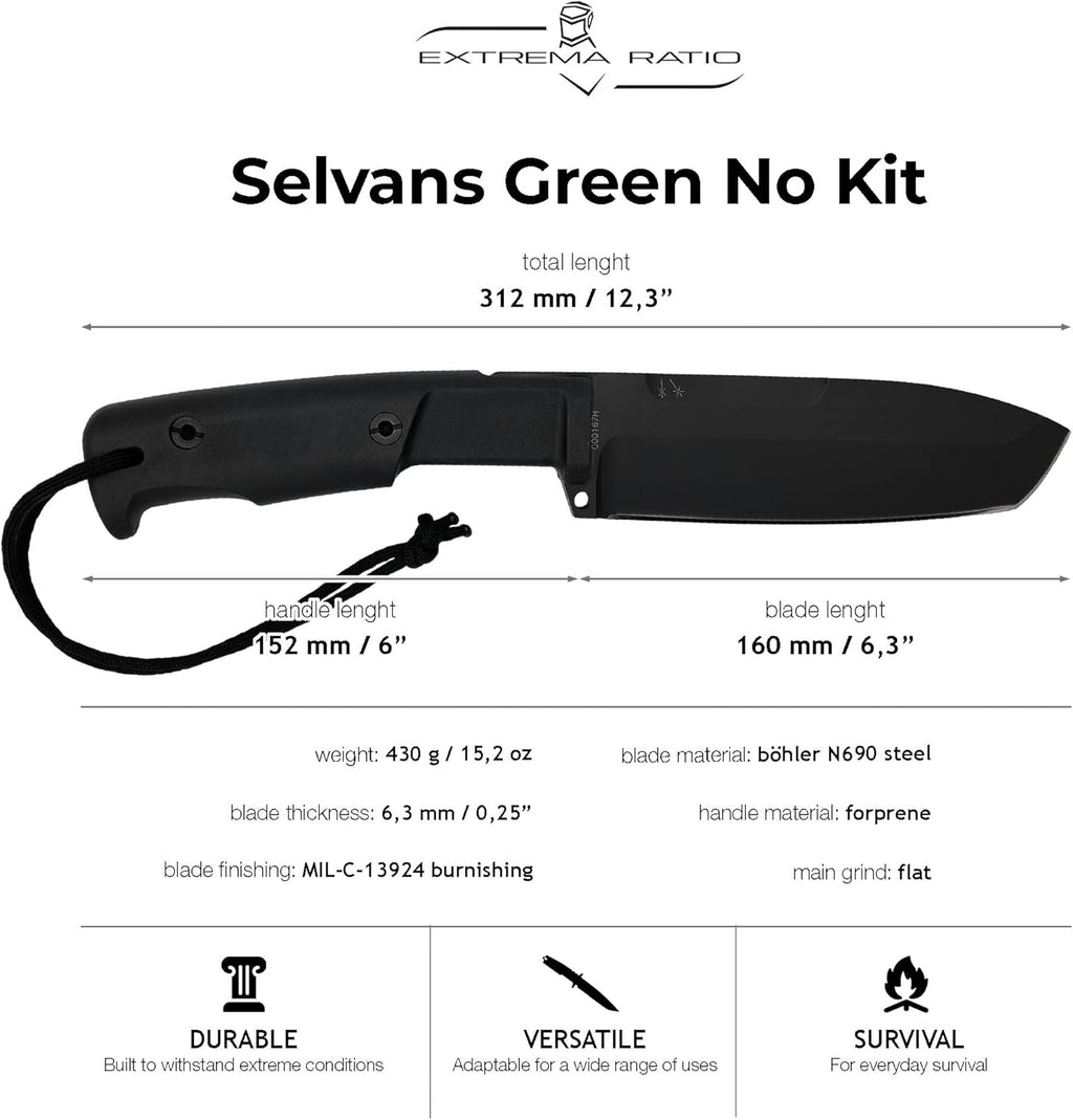 Extrema Ratio - Selvans (Green) Fixed Blade Knife, Böhler N690 Steel Blade Hardened to 58 HRC, Burnished Finish, Full-Tang Design, Ergonomic Forprene Handle, Precision Handcrafted in Italy, Heavy-Duty Outdoor Knife