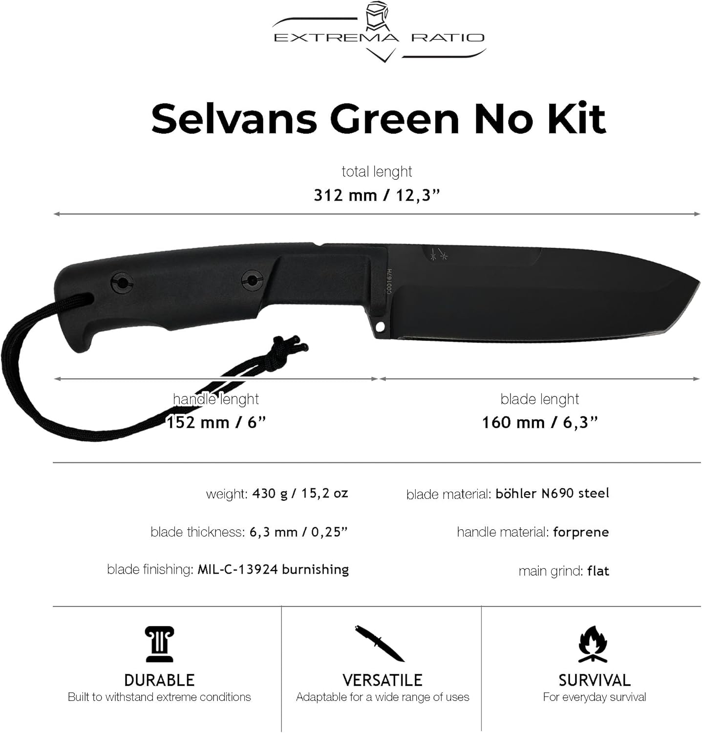 Extrema Ratio - Selvans (Green) Fixed Blade Knife, Böhler N690 Steel Blade Hardened to 58 HRC, Burnished Finish, Full-Tang Design, Ergonomic Forprene Handle, Precision Handcrafted in Italy, Heavy-Duty Outdoor Knife