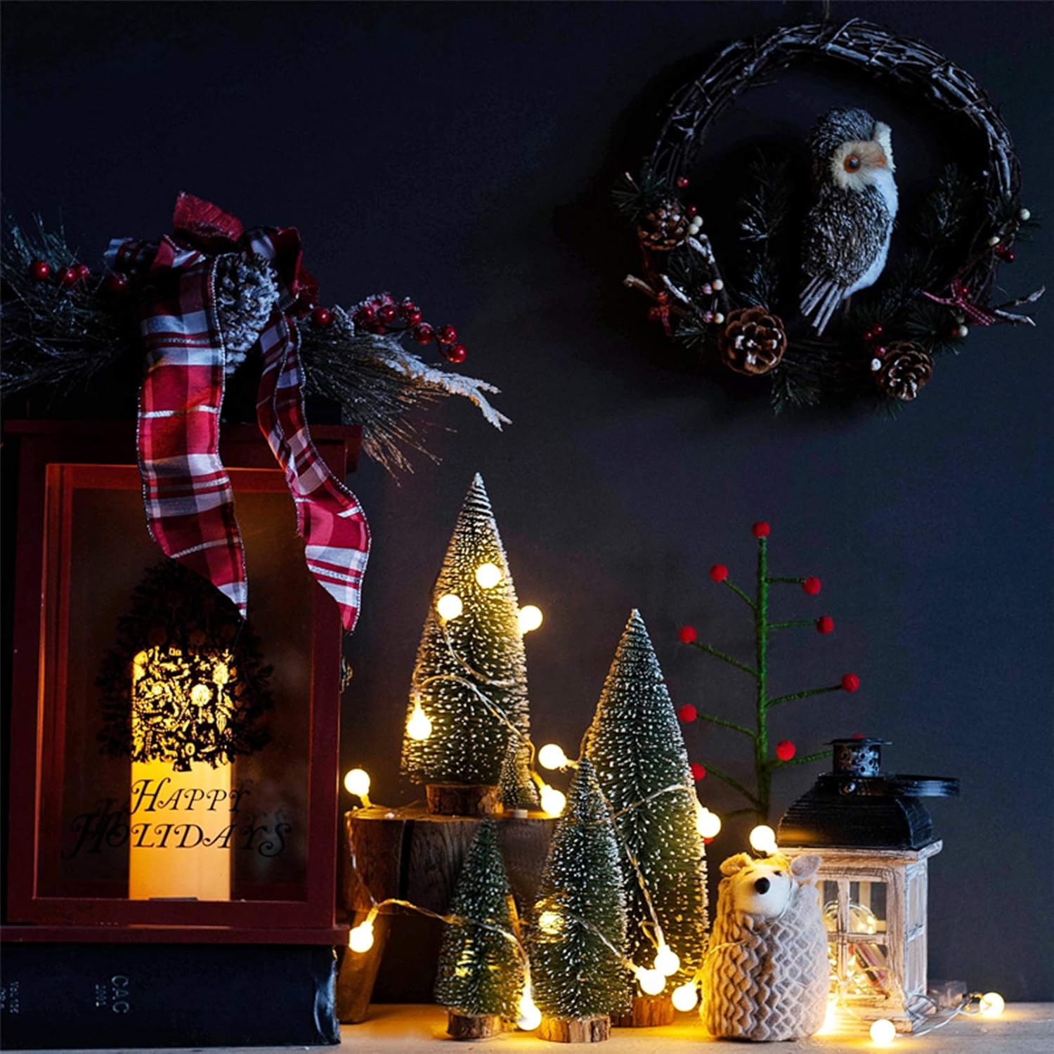 Desktop Miniature Christmas Trees Mini Pine Tree 5pcs with Snow and Wood Base for Xmas Holiday Party Home Tabletop Decor