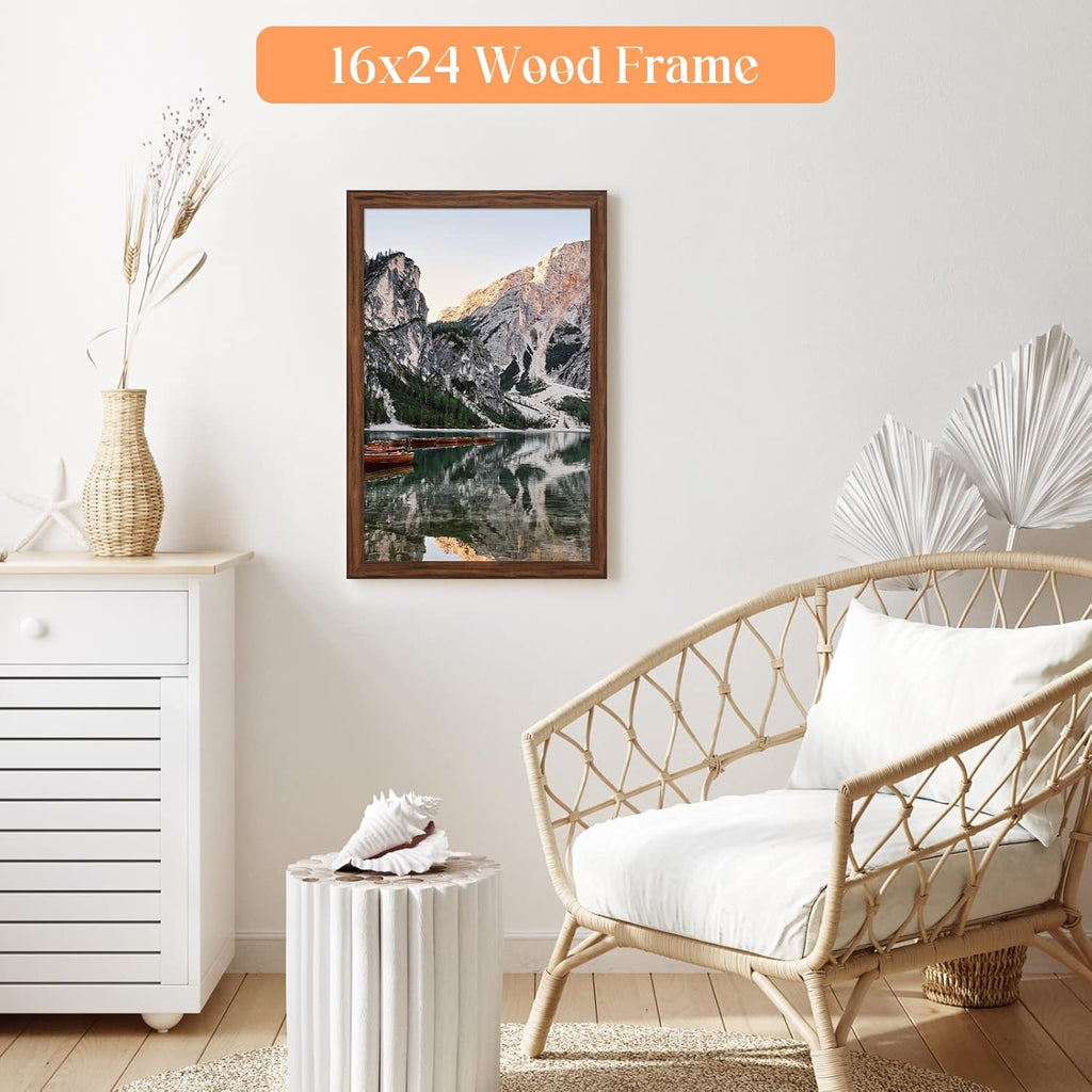 16x24 Wood Frame Brown, Rustic Natural 24x16in Woodgrain Picture Poster Frame, Modern Brown 16 x 24inch Gallery Wall Photo Frame with HD Plexiglass, Horizontal Vertical Wall Mounting Display 1pcs