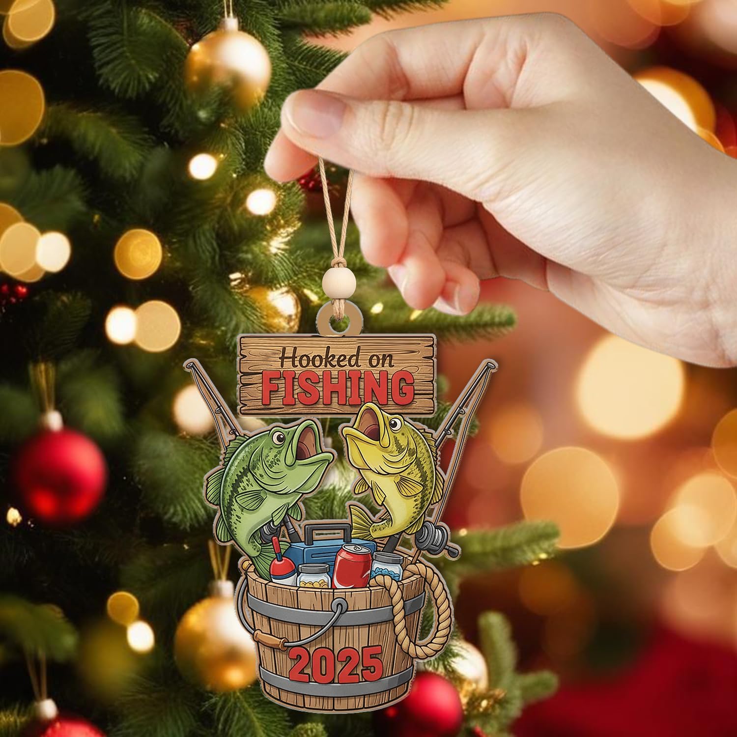 Personalized Bass Fishing Ornament - Fishing Pole and Tackle Ornaments Christmas Tree Decor - Outdoor Hanging Xmas Decorations Gift for Anglers, Dads & Fisherman
