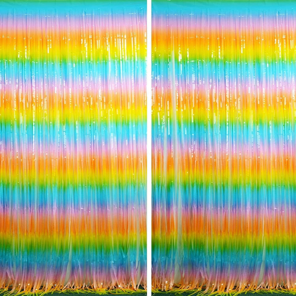 BRAVESHINE Colourful Tinsel Fringe Curtains - 2Pcs 3.2x8.2ft Holidays Photo Booths Streamers Backdrop for Christmas/New Years/Princess/Pastel/Girl/Unicorn/Birthday/Baby/Bridal Shower Party Decorations