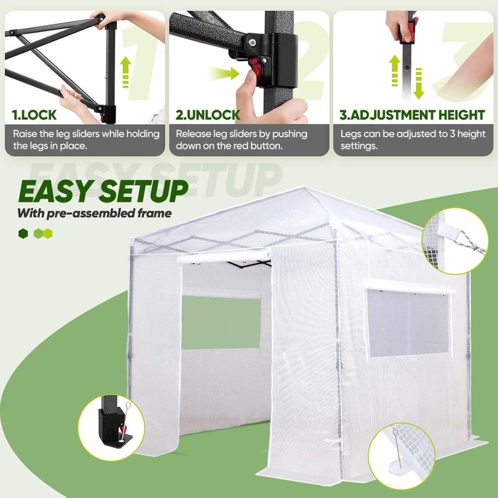 EAGLE PEAK Instant Pop-up Greenhouse, Indoor Outdoor Plant Gardening Green House, Roll-Up Zipper Doors and Side Windows, Walk in 8x8 ft, PE Cover, White/Clear