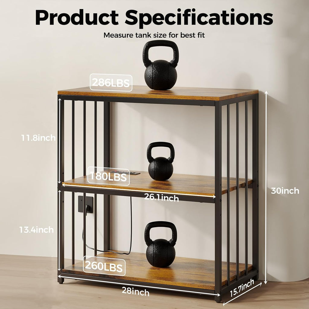 20 Gallon Fish Tank Stand with Power Outlet, Aquarium Stand with Shelf, Metal Reptile Terrarium Tank Stand, 3-Tier Adjustable Storage Shelves, 28''L×15.7''W×30''H, Retro Brown