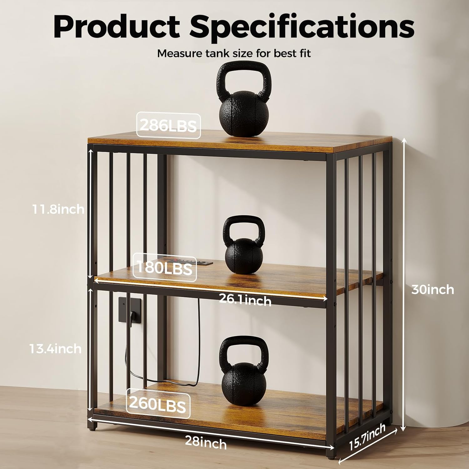 20 Gallon Fish Tank Stand with Power Outlet, Aquarium Stand with Shelf, Metal Reptile Terrarium Tank Stand, 3-Tier Adjustable Storage Shelves, 28''L×15.7''W×30''H, Retro Brown