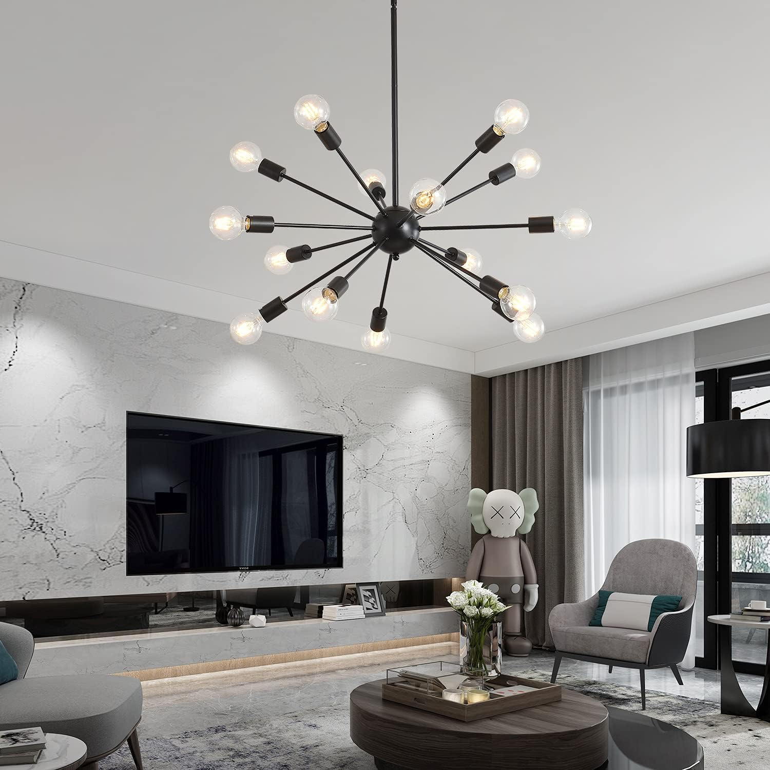 Mid-Century Sputnik Chandeliers 15-Lights, Modern Semi Flush Mount Ceiling Light Fixture Industrial Retro Hanging Lamps for Kitchen Living Room Dining Bedroom Corridor, Black（Bulb Not Included）