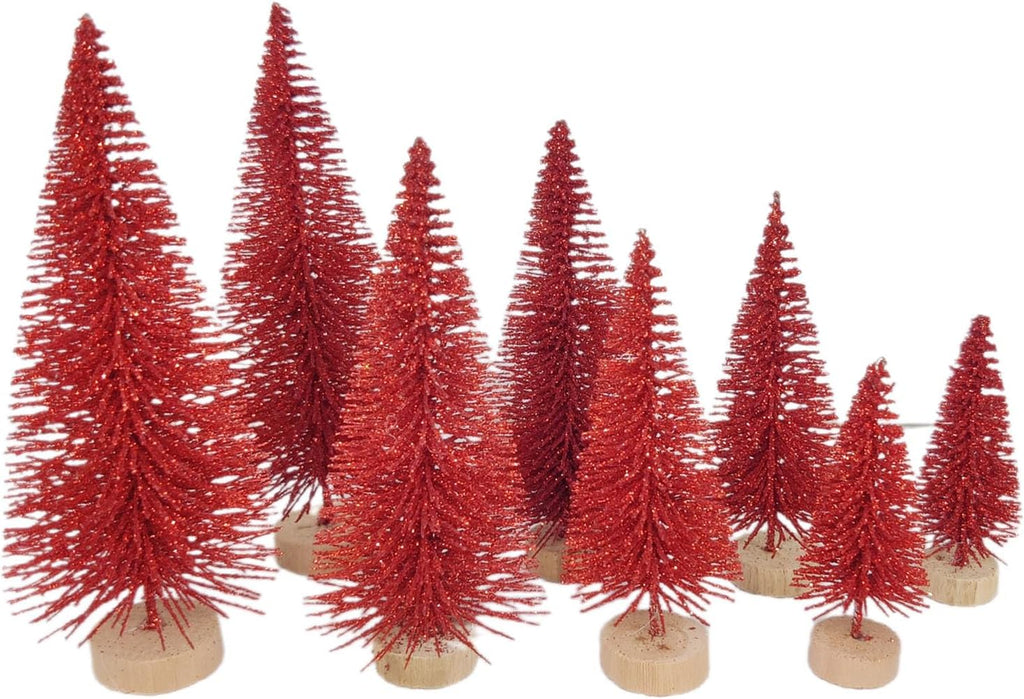 8 Pcs Artificial Mini Christmas Trees, Miniature Pine Trees Sisal Trees with Wood Base Tabletop Christmas Tree for Christmas Xmas Holiday New Year (Red, 8 pcs)