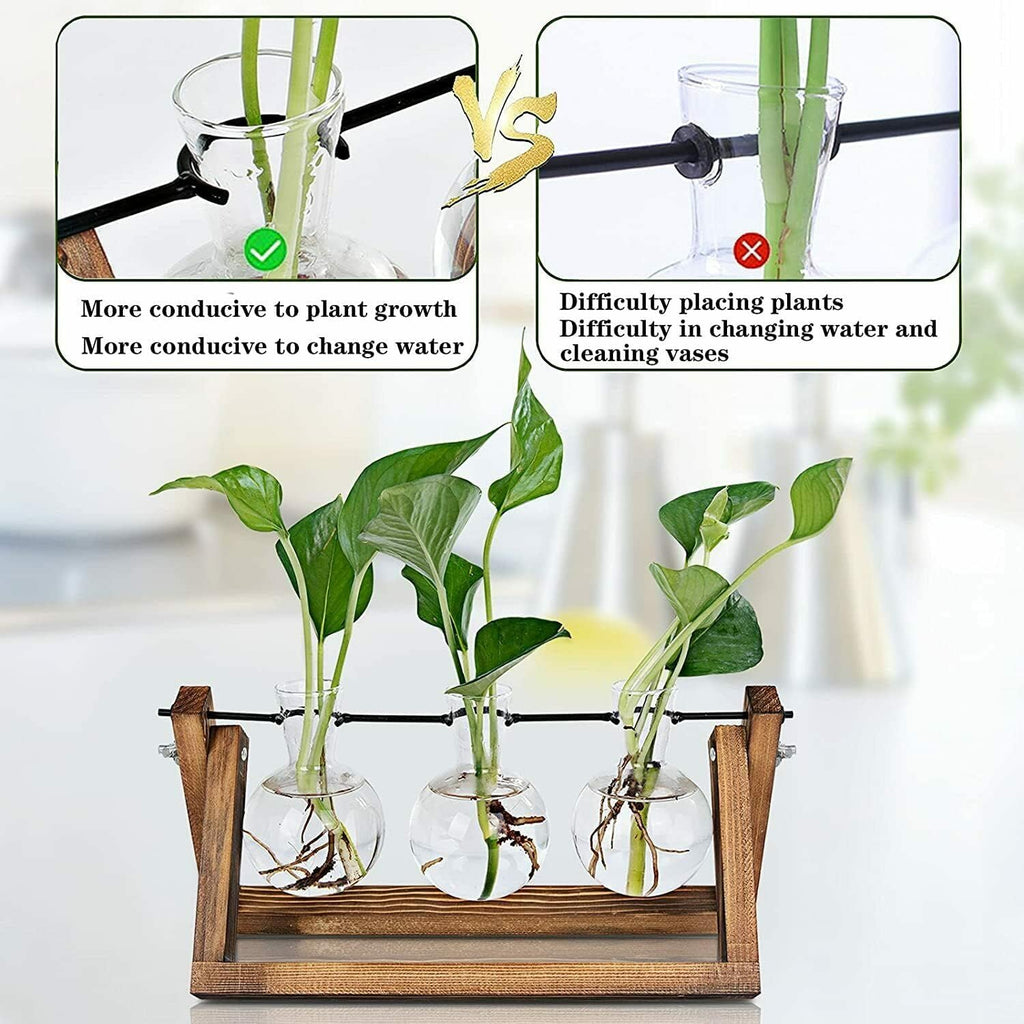 Kingbuy Desktop Glass Planter Iron and Wooden Stand Plant Terrariums for Indoor Office Desk Decor Accessories, 3 Bulb Vases, Brown