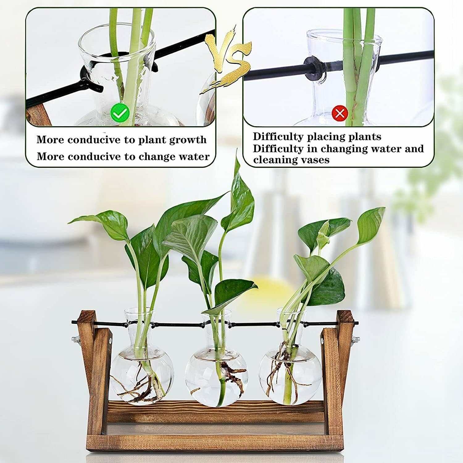 Kingbuy Desktop Glass Planter Iron and Wooden Stand Plant Terrariums for Indoor Office Desk Decor Accessories, 3 Bulb Vases, Brown