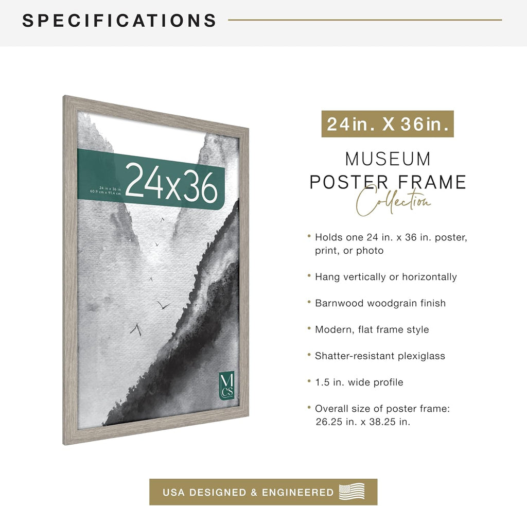 MCS Museum Poster Frame 24x36 Barnwood, Vertical & Horizontal Wall Hanging Large Picture Frame for Photos, Posters & Art Prints (1-Pack)