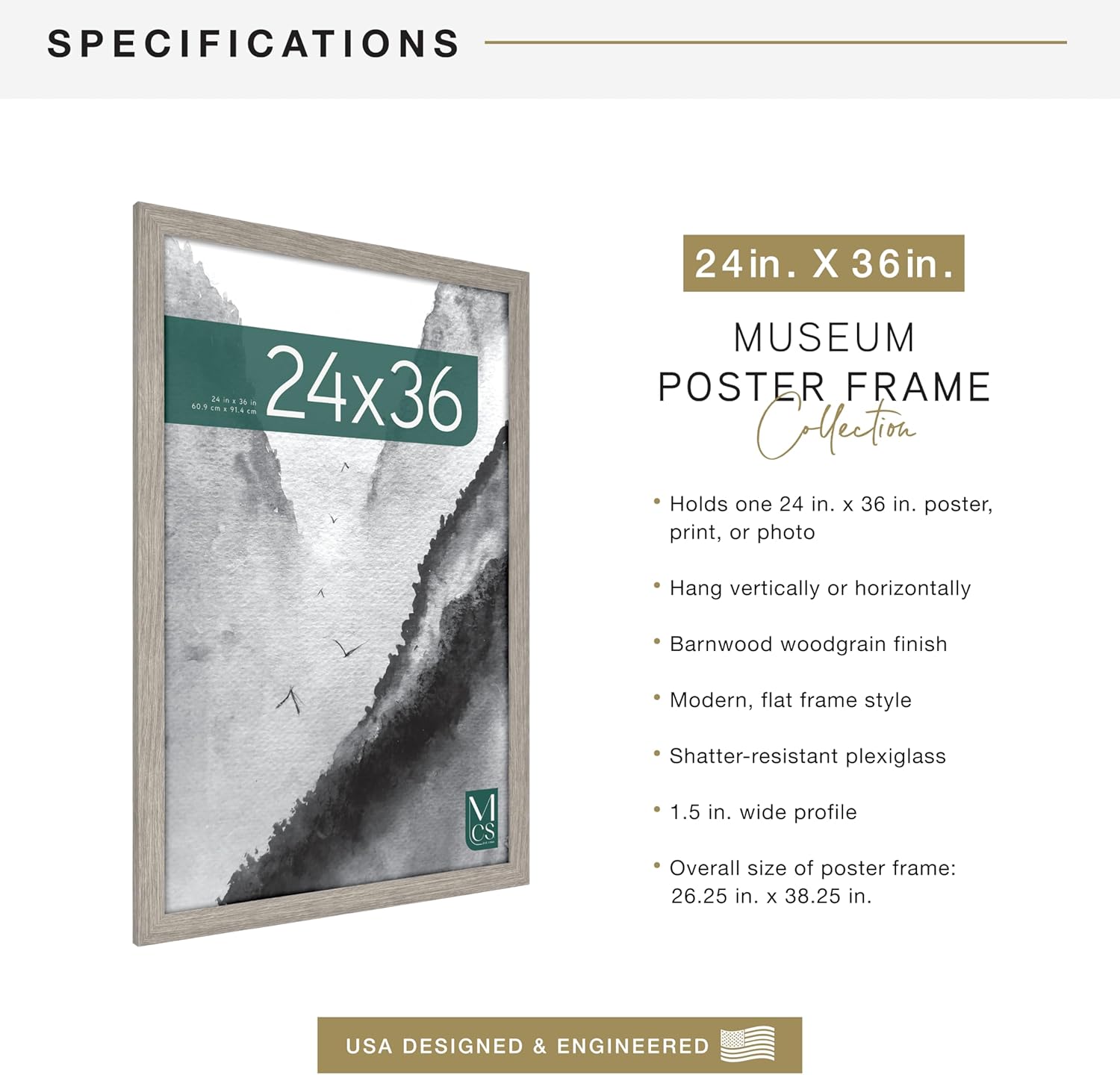 MCS Museum Poster Frame 24x36 Barnwood, Vertical & Horizontal Wall Hanging Large Picture Frame for Photos, Posters & Art Prints (1-Pack)