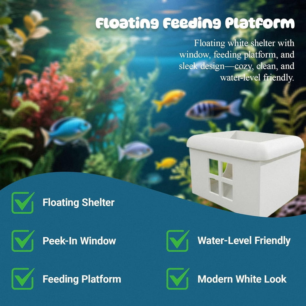 White Floating Betta Fish Hideout with Window – 3D Aquarium Shelter & Breeding Box – Surface Feeding Platform & Cave Rest Spot – Compact Fish Tank Decor (3.67"x2.87"x2.16")