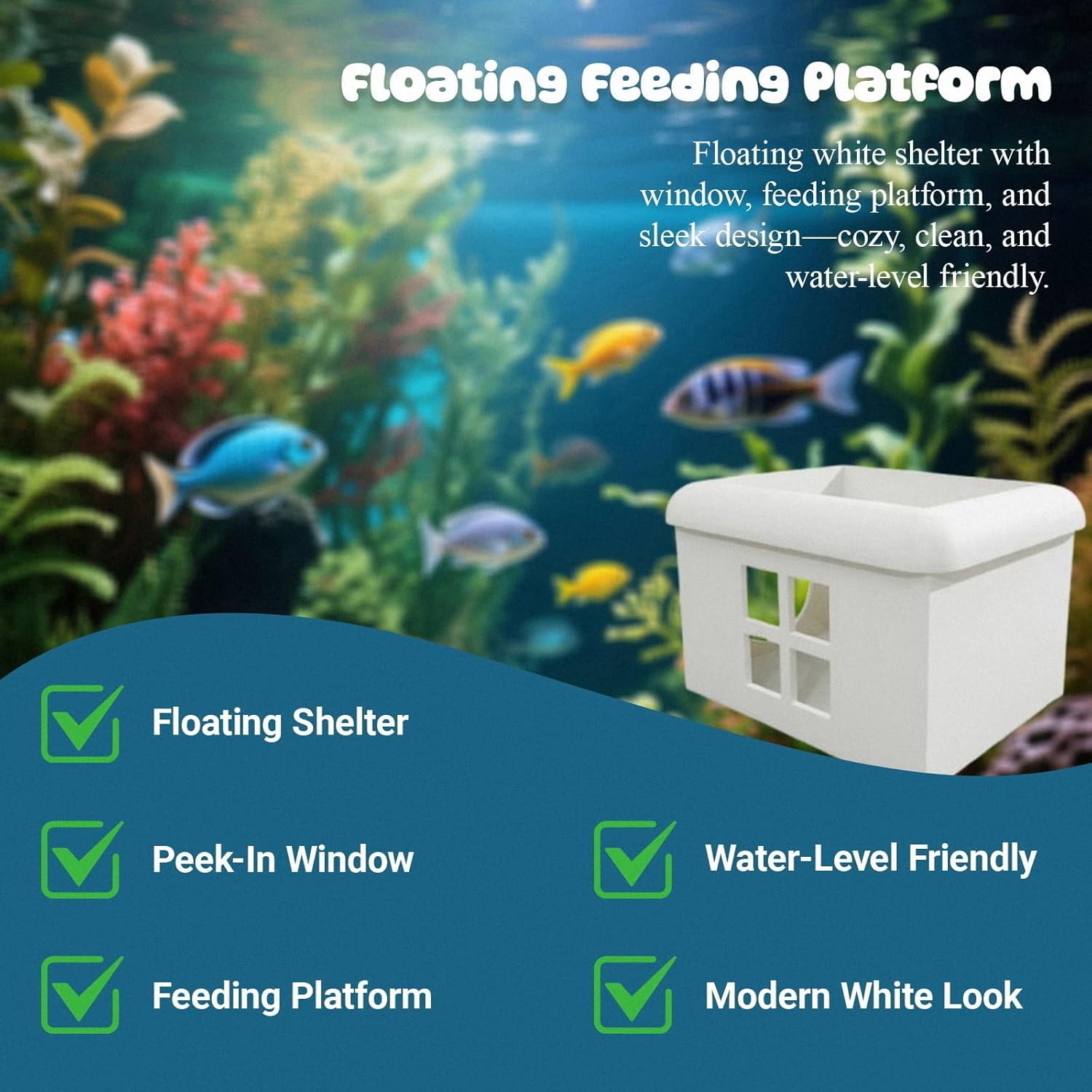 White Floating Betta Fish Hideout with Window – 3D Aquarium Shelter & Breeding Box – Surface Feeding Platform & Cave Rest Spot – Compact Fish Tank Decor (3.67"x2.87"x2.16")