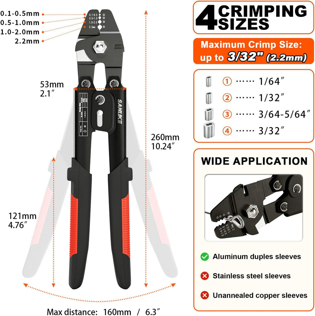 Sanuke Wire Rope Crimping Tool for Aluminum Crimping Loop Sleeves up to 2.2mm, Swager Tool for 3/64 1/16 5/64 inch Stainless Steel Cable Crimper
