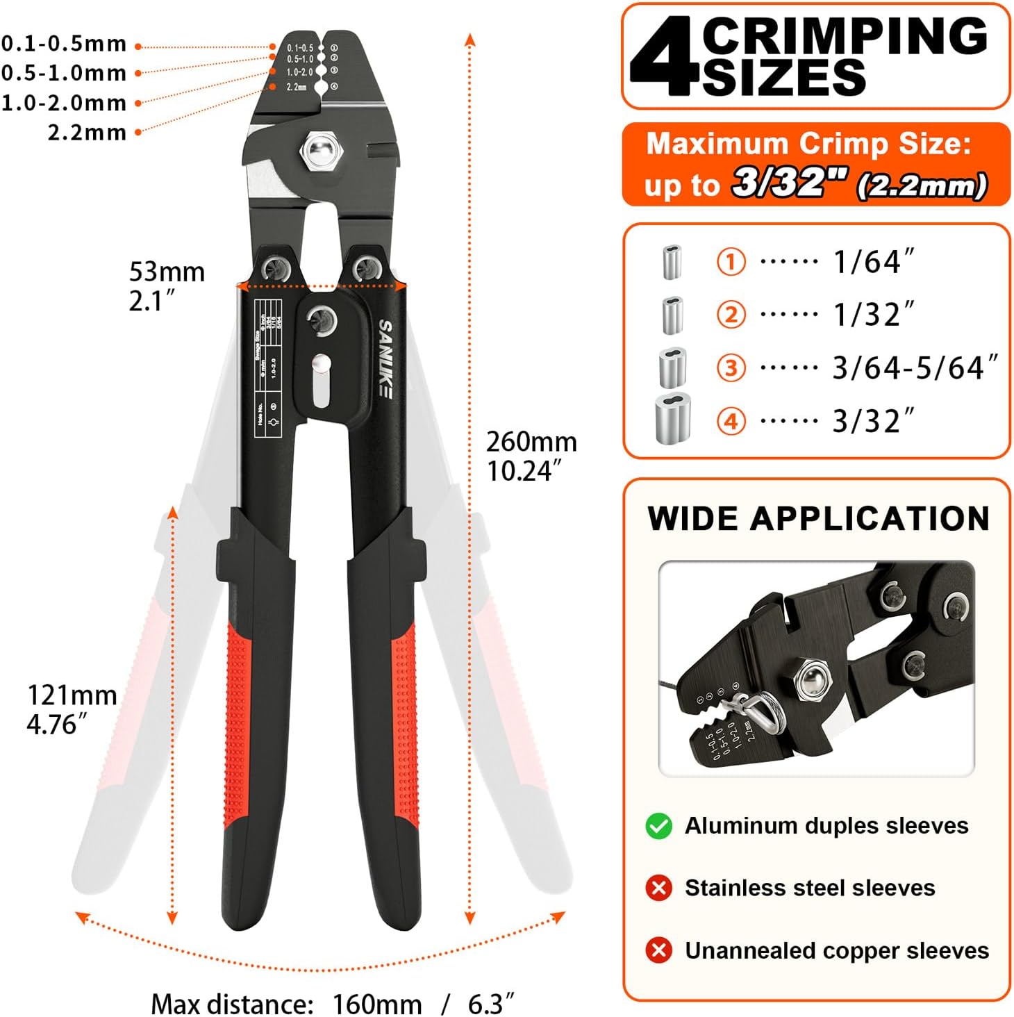 Sanuke Wire Rope Crimping Tool for Aluminum Crimping Loop Sleeves up to 2.2mm, Swager Tool for 3/64 1/16 5/64 inch Stainless Steel Cable Crimper