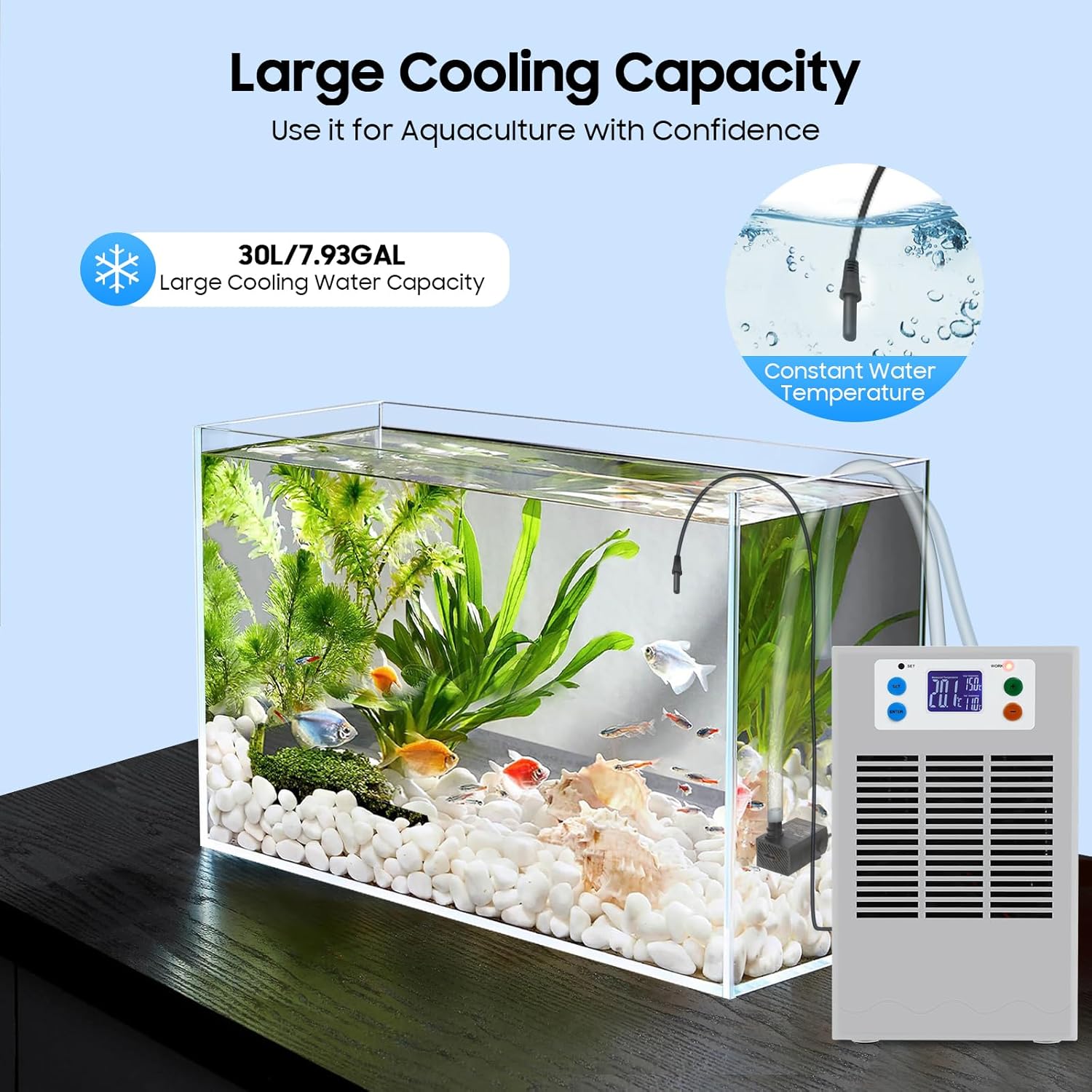30L/7.93Gal Aquarium Chiller, 100W Low Noise Fish Tank Water Cooler with Special Quiet Design Refrigeration Compressor ＆ Water Tube for Axolotl Coral Jellyfishe (30L/7.93Gal)