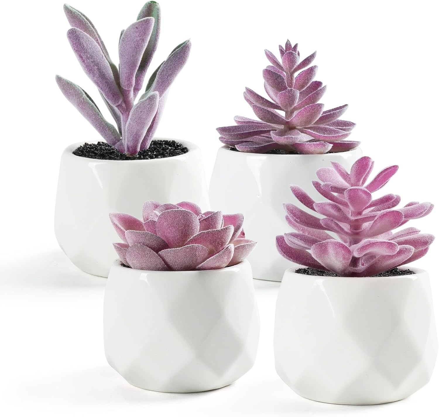 VIVERIE Mini Succulents Plants Artificial in Pots, Christmas Small Fake Plants for Home Decor Indoor for Women, White Ceramic Faux Succulents, Set of 4, Gifts for Mom-Purple