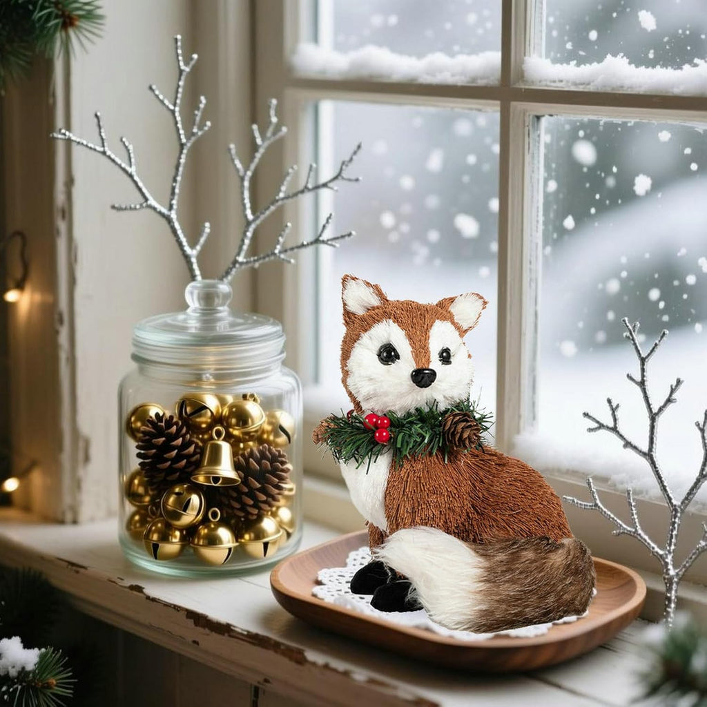 Nature Vibe 8.3 Inches Sisal Fox Figurine for Rustic Christmas Decorations, Woodland Animals with Holiday Accent as Christmas Table Decor or Farmhouse Decor