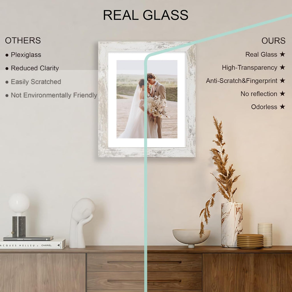9x11 Picture Frame Set of 4, Made of Real Glass and Distressed White Frame - Display Picture 7x9 with Mat or 9x11 Without Mat, 9 by 11 Photo for Wall or Tabletop