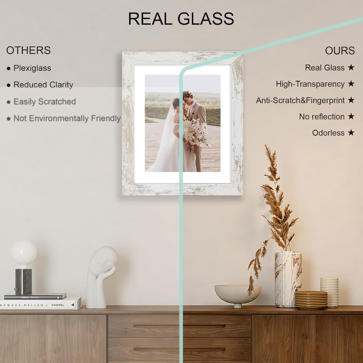 9x11 Picture Frame Set of 4, Made of Real Glass and Distressed White Frame - Display Picture 7x9 with Mat or 9x11 Without Mat, 9 by 11 Photo for Wall or Tabletop