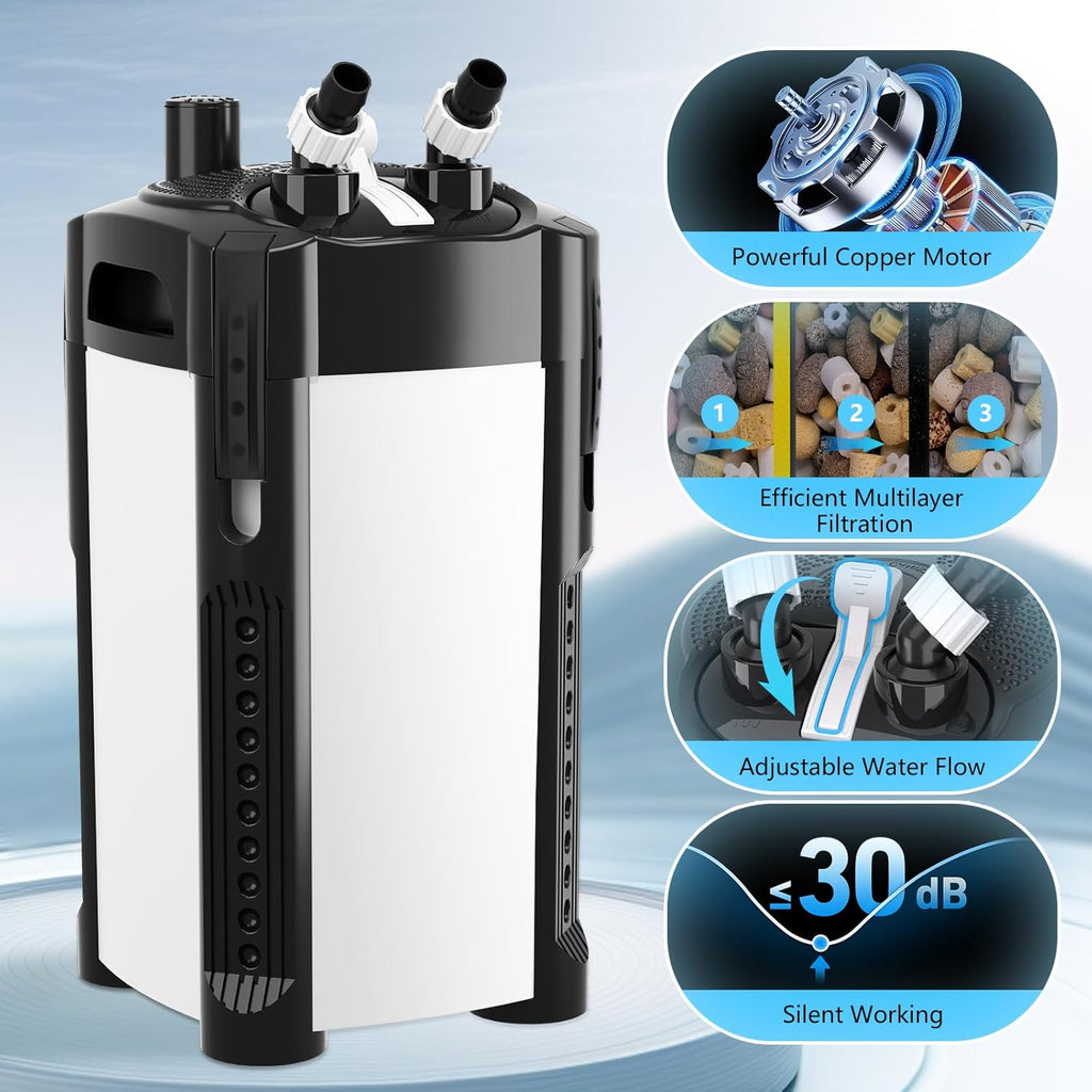 AQQA 475GPH Canister Filter, Ultra-Quiet External Aquarium Canister Filters, 3 Stage Filtration Aquarium Filter with Quartz Balls and Filter Cotton for Fish Tanks and Aquariums Up to 100 Gallon 25W