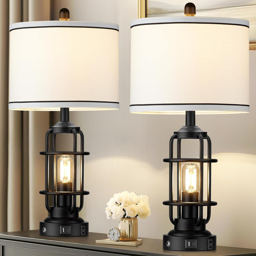 Modern Table Lamps, Industrial 3-Way Dimmable Bedside Lamp with USB A+C Ports & AC Outlet, Touch Control Rustic Nightstand Lamp LED Night Light for Living Room Bedroom Decor Home(4 Bulbs Included)