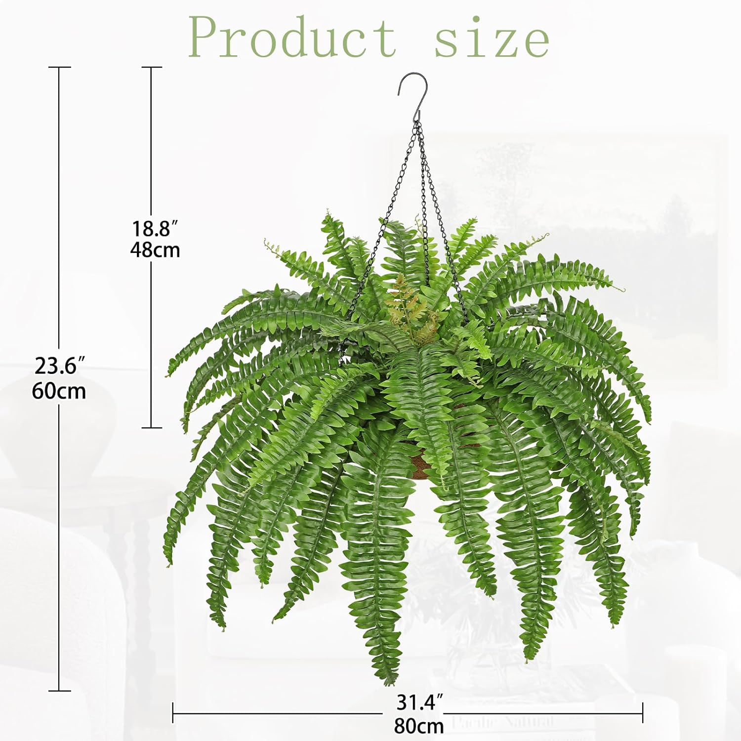 Fake Hanging Plants Large Boston Fern Artificial Plants Outdoor Realistic Fake Ferns with Palm Basket Silk Plants Ferns Hanging Plant Artificial Decor for Home Front Porch Window Garden - Green