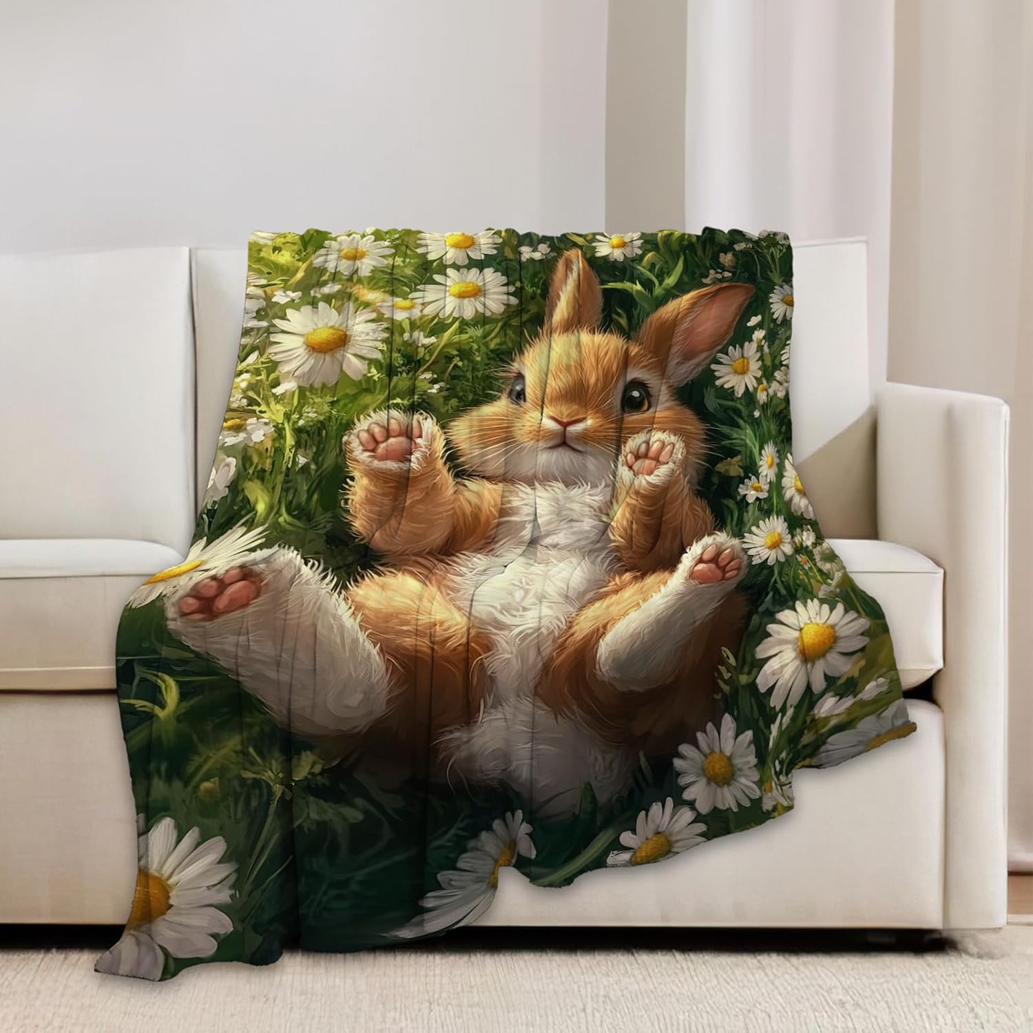 Cute Rabbit Blanket Bunny Hare Throw Blankets Daisy Gifts for Girls Boys Kids Rabbit Lover Soft Cozy Fleece Plush for Couch Sofa Bed 50"x40"