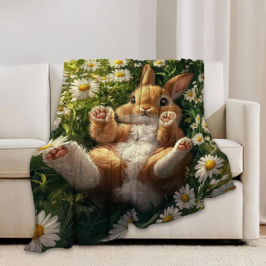 Cute Rabbit Blanket Bunny Hare Throw Blankets Daisy Gifts for Girls Boys Kids Rabbit Lover Soft Cozy Fleece Plush for Couch Sofa Bed 80"x60"