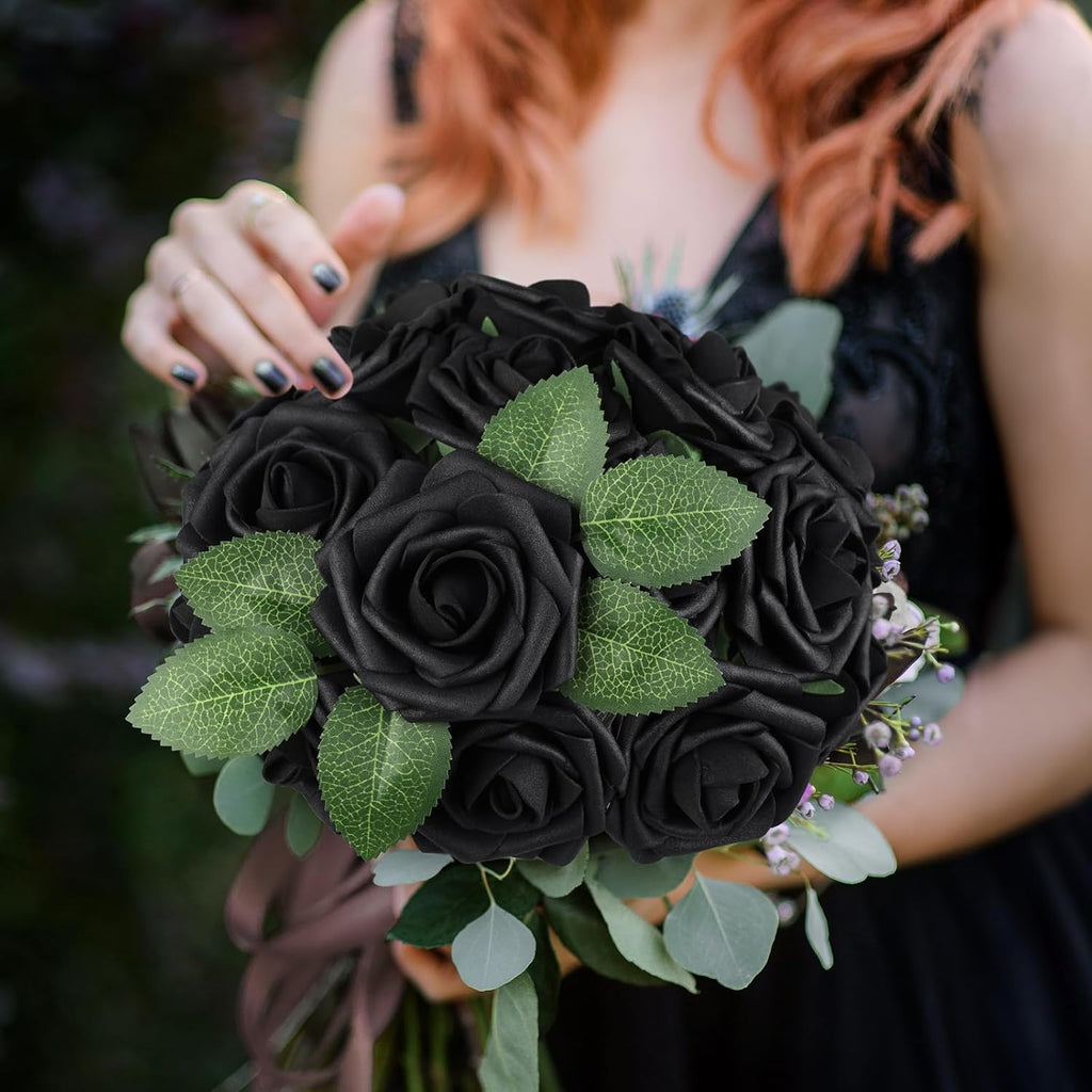 AmyHomie Artificial Flowers Black Rose 25pcs Real Looking Fake Roses w/Stem for DIY Wedding Bouquets Centerpieces Arrangements Party Baby Shower Valentines Day Christmas Tree Decorations