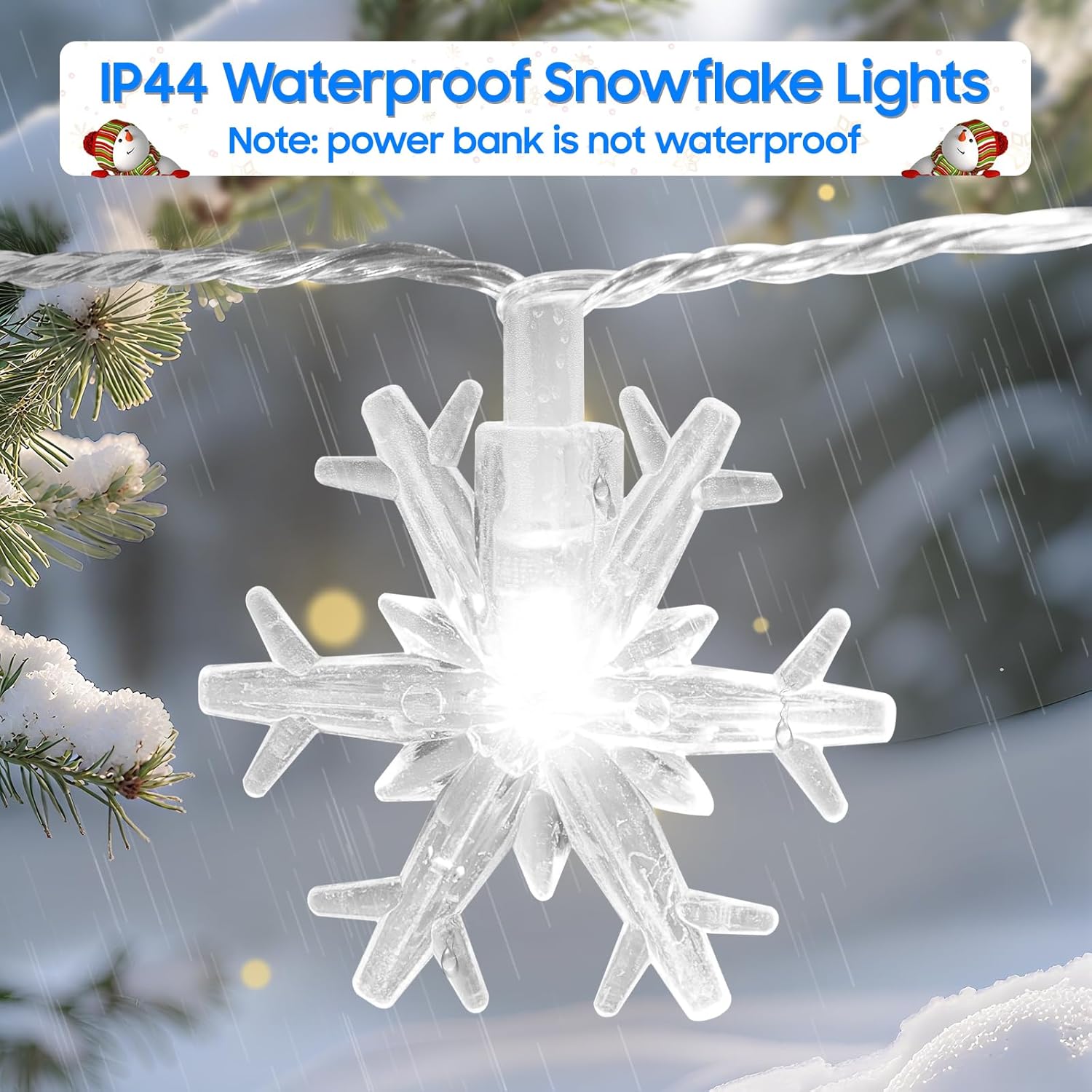 Christmas Lights, 20FT 40 LED Snowflake String Lights Battery Operated, Rechargeable Fairy Lights Battery Operated with 8 Modes for Bedroom Patio Room Party Xmas Tree Decor Home Decorations,Cool White