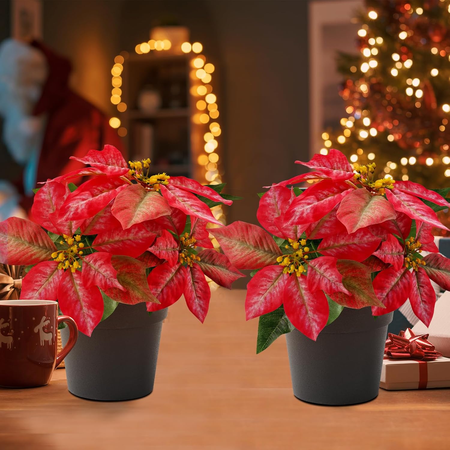 2 Pack Poinsettias Artificial Christmas Flowers Small Poinsettia Plant Artificial 9 Inch Teas Red Faux Winter Flowers for Porch Home Garden Decorations Indoor Outdoor Xmas Ornament