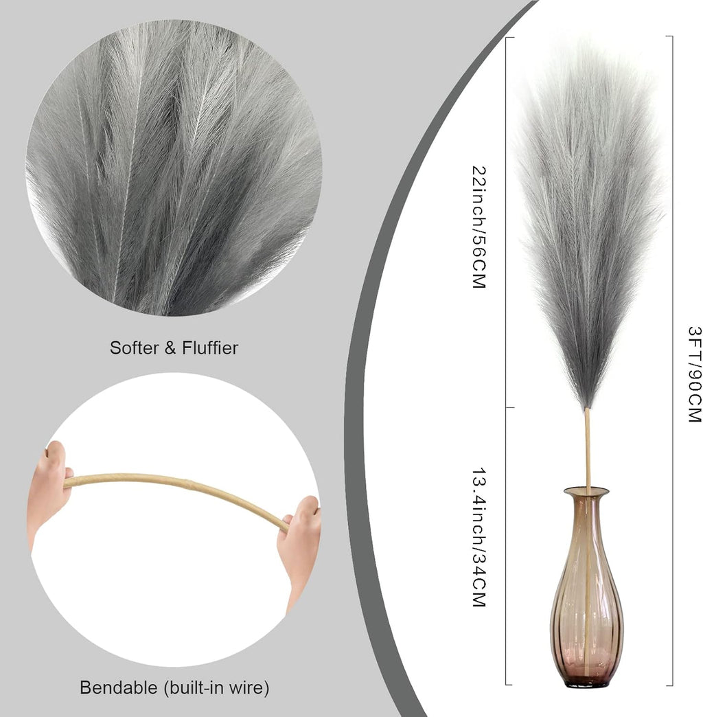 8Pcs 3FT Grey Colorful Faux Pampas Grass for Boho Decor, KALYLOC Non-Shedding Fluffy Artificial Bulrush, Tall Reed Fluffy Stems Vase Filler Living Room Wedding Decoration