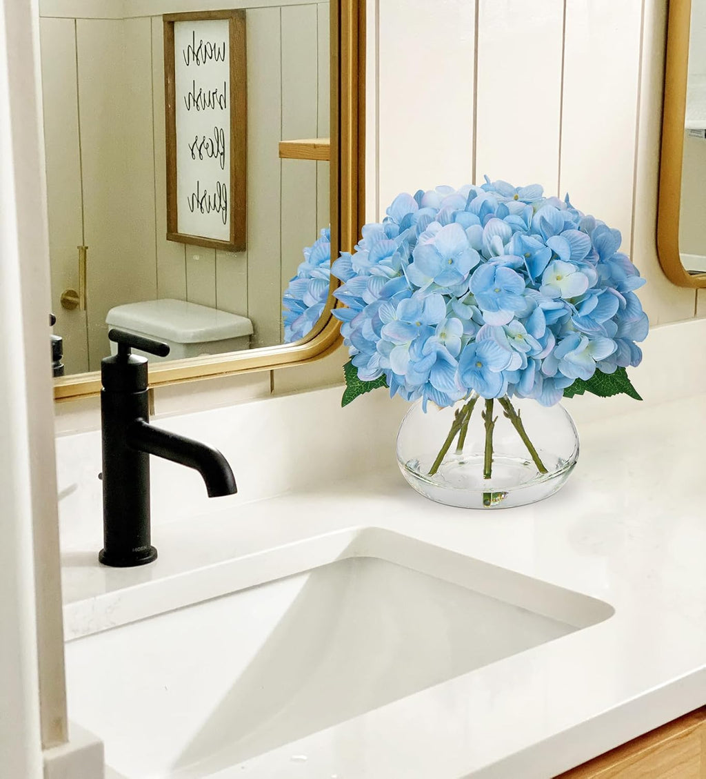 Hollyone Hydrangea Artificial Flowers with Vase Blue Silk Fake Flowers Arrangements in Glass Vase with Faux Water Faux Floral Bulk Bouquet for Home Decor Bathroom Table Centerpiece Shelf Decorations