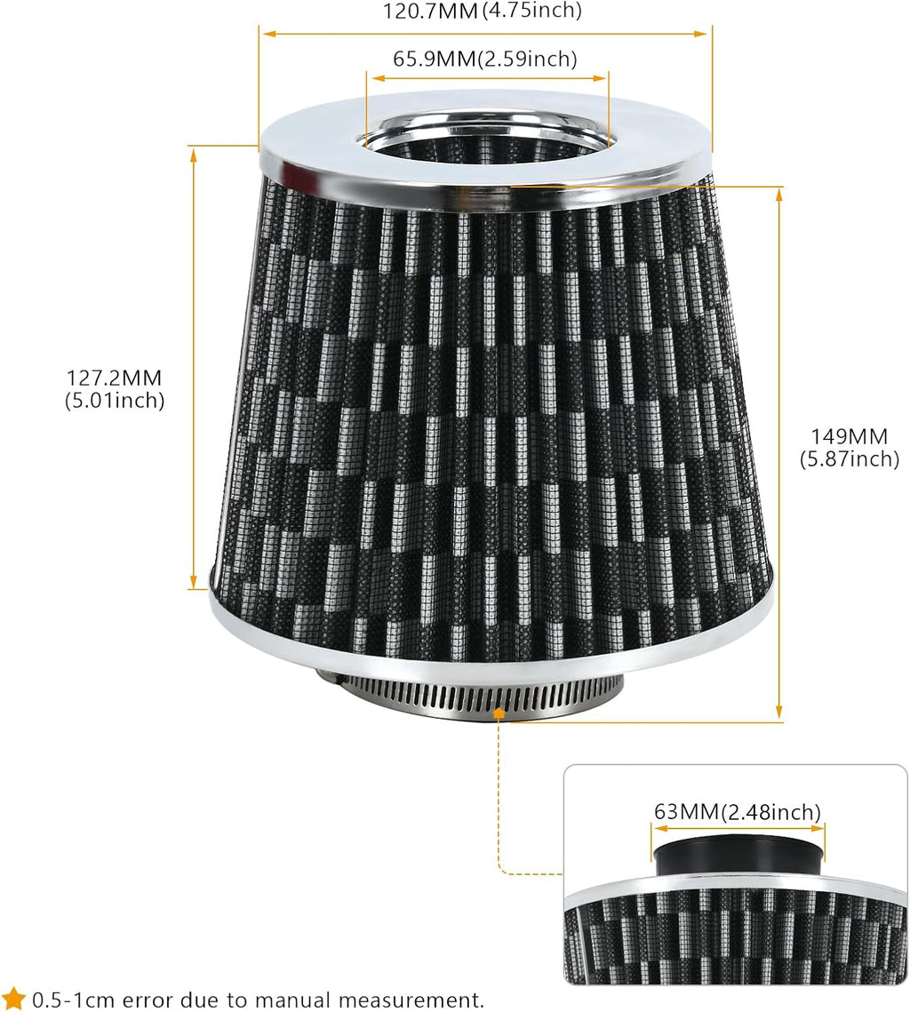 PTNHZ Universal Carbon Fiber 2.5" 63mm High Flow Cold Air Intake Cone Air Filter Power Intake Air Inlet System Air Cleaner