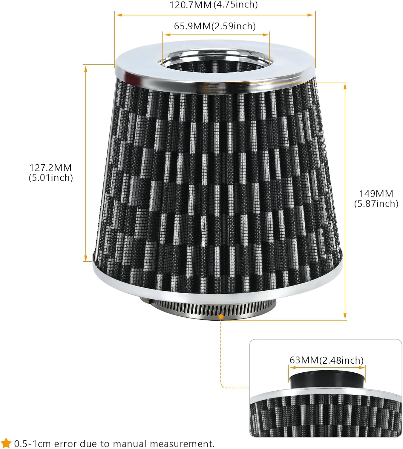 PTNHZ Universal Carbon Fiber 2.5" 63mm High Flow Cold Air Intake Cone Air Filter Power Intake Air Inlet System Air Cleaner