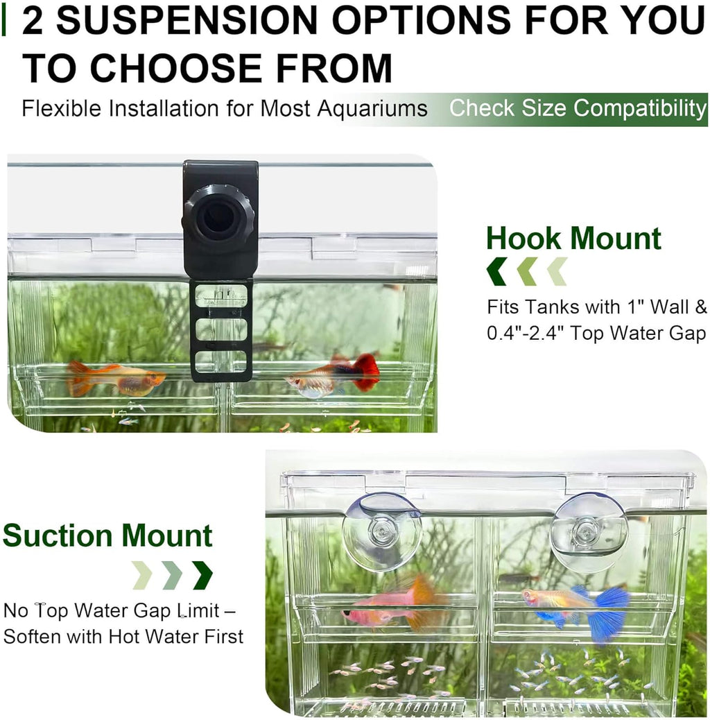Dual-Chamber Aquarium Fish Breeder & Isolation Box, Transparent Hatching Incubator Tank with Suction Cups & Hook, Nursery for Livebearer Guppy Fry Breeding and Betta Fish, Shrimp Quarantine