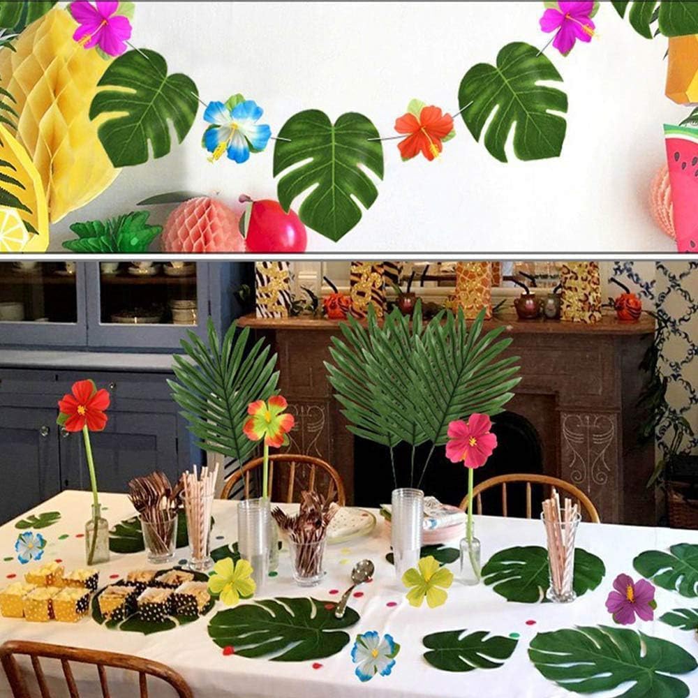 80PCS Artificial Tropical Palm Leaves Plant Imitation Leaf Fake Monstera Leaves Hawaiian Luau Jungle Safari Birthday WeddingTheme Party Table Wall Decorations,Bonus 4 Sheets/80pcs Dot Glues