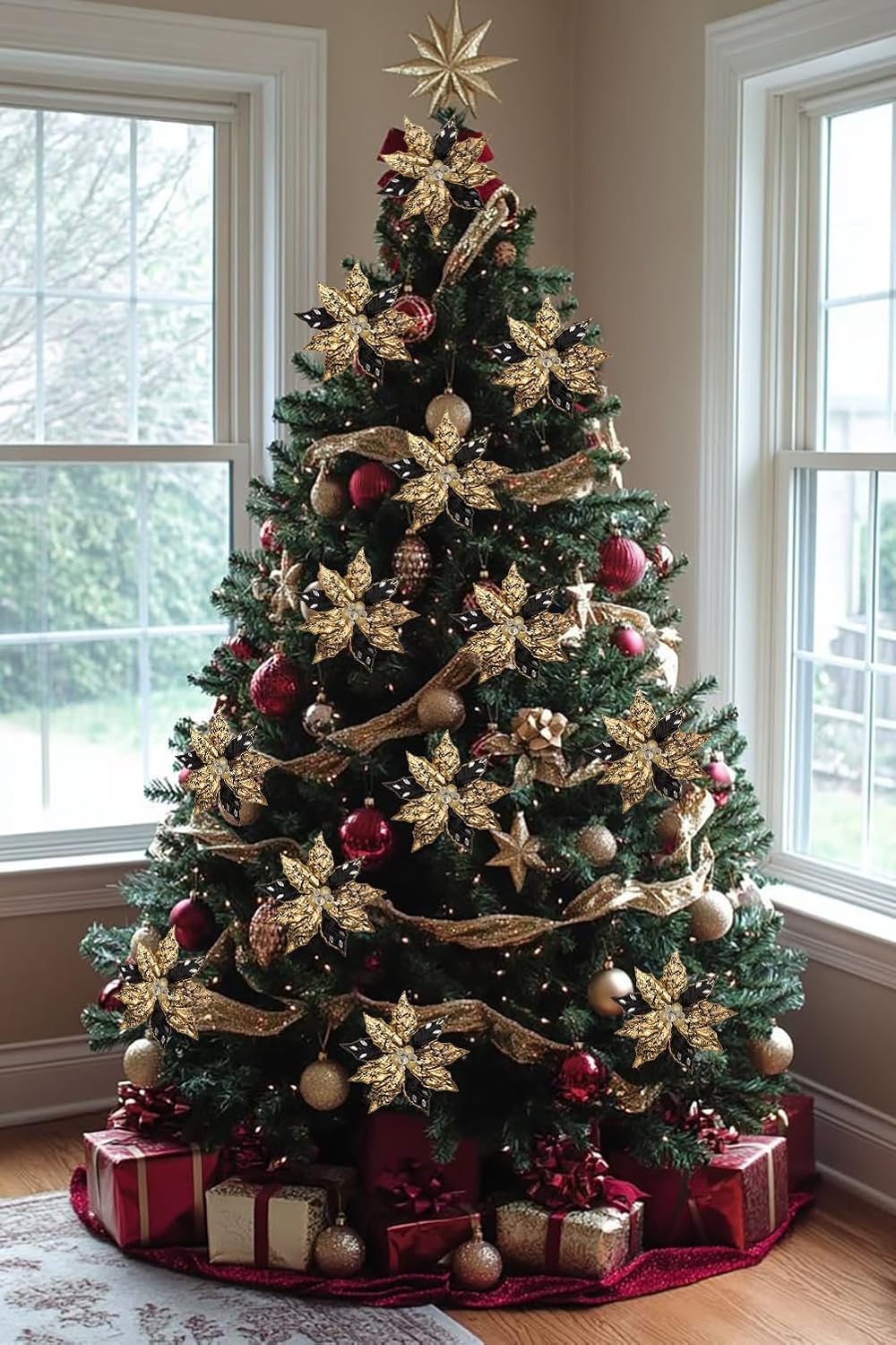 Hollyone 3PCS Poinsettia Christmas Flowers Artificial 11" Large Black and Gold Glitter Poinsettia Flower Christmas Tree Ornaments Floral Picks for Tree Wreath Garland Vase Table Centerpiece Home Decor
