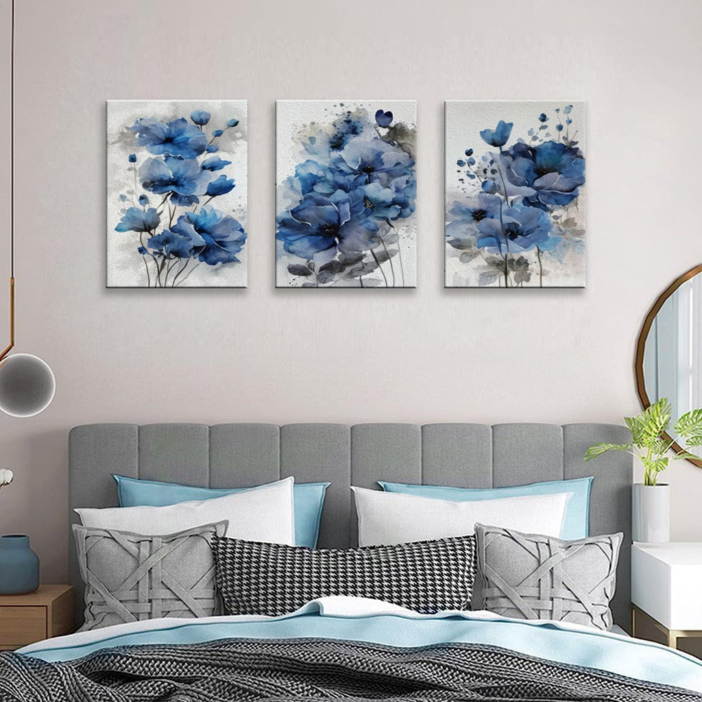 Blue Flowers Canvas Wall Art for Bedroom Home Decor - Artwork for Wall, Abstract Floral Wall Decor Print -Bathroom, Living Room, Kitchen Decor - Ready to Hang 3 Patchwork, 12x16inchx3pcs