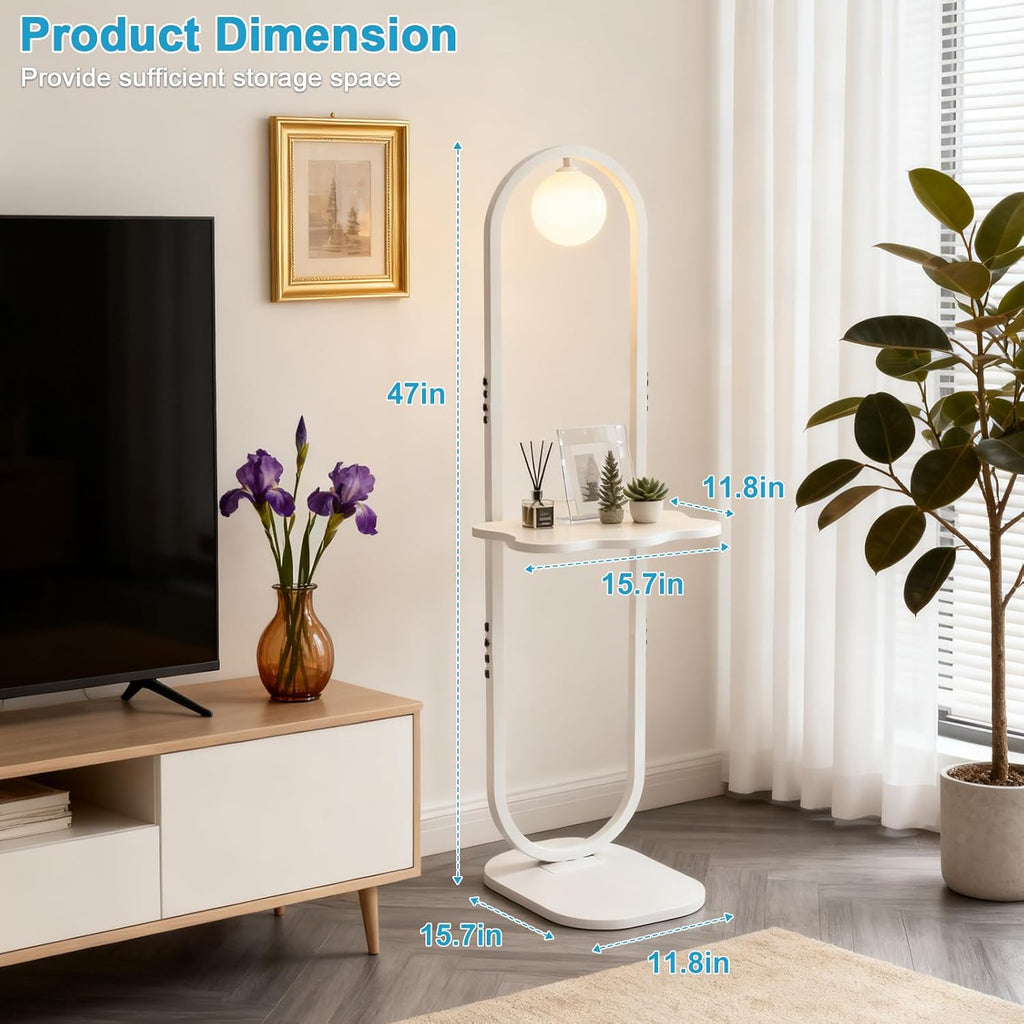 Lightdot 47-Inch Arch Floor Lamp, Modern Standing Lamp with Table, White Metal Frame with Globe Shade, Living Room Bedroom Lighting, G9 LED Bulb Included
