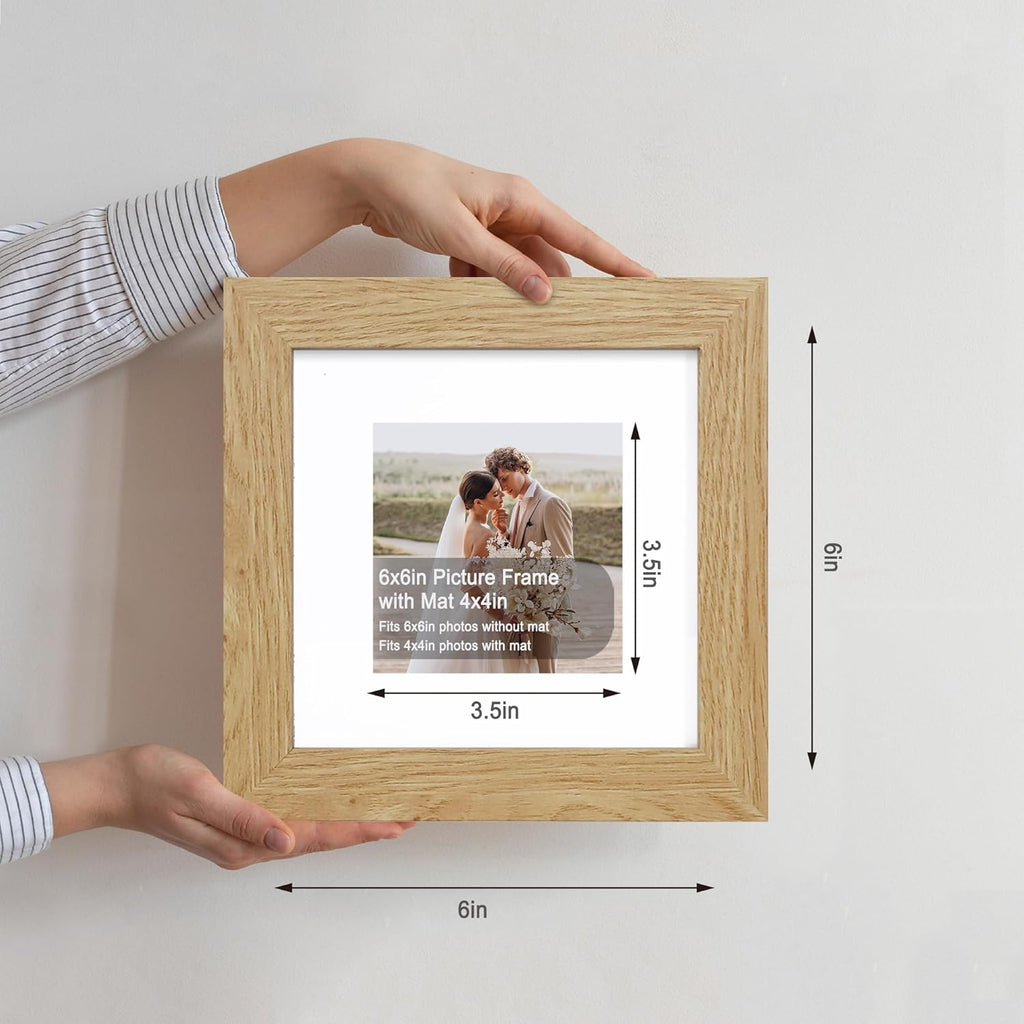 6x6 Picture Frame Set of 4, Made of Glass and Natural Oak Wooden Frame - Display Picture 4x4 with Mat or 6 x 6 Without Mat, 6x6 Photo for Wall or Tabletop