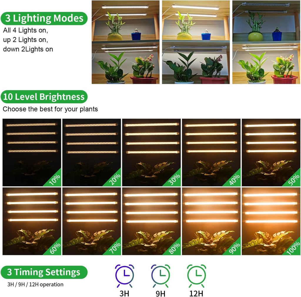 LED Plant Growing lamp, 3500K Full Spectrum Grow Light Strips for Indoor Plants with 3/9/12H Timer & 10 Dimmable Levels, Led Growth Light for Green House Hydroponics Succulent 13In 4Head