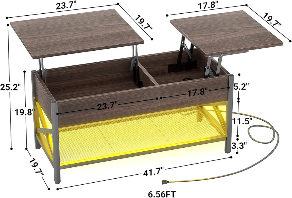 Aheaplus Coffee Table, Lift Top Coffee Table with LED light and Power Outlet, Modern Lift-Top Table with Storage Shelf, Center Table for Living Room with Lift Tabletop, X Support Metal Frame, Espresso
