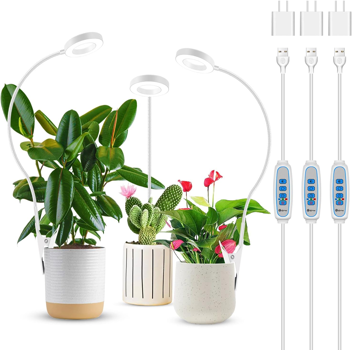 Grow Lights for Indoor Plants, Full Spectrum Clip on Plant Lights for Indoor Growing, White Halo Grow Lamp 3 Pack with 360° Gooseneck, 6/12/16H Timer, 3 Light Modes, 5 Dimmable